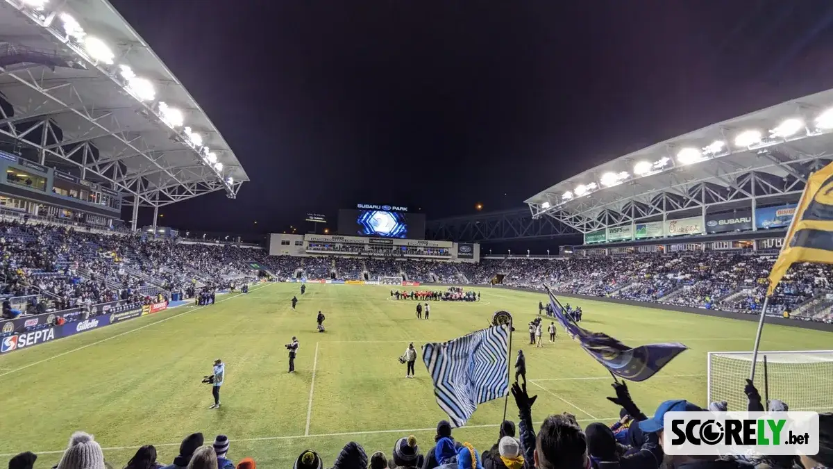 Subaru Park soccer stadium with fans in the stands at night (file photo)
