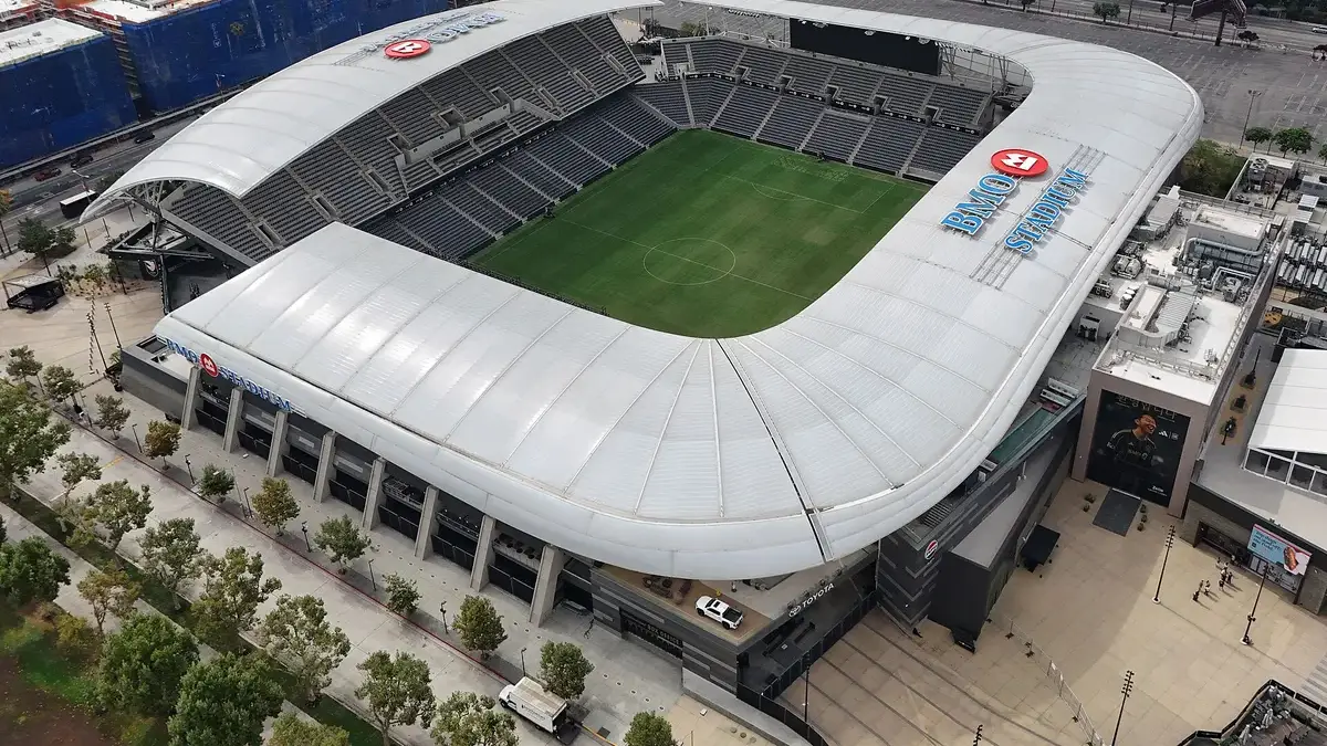 Aerial view of BMO Stadium in Los Angeles