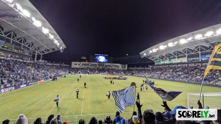 Subaru Park soccer stadium with fans in the stands at night (file photo)